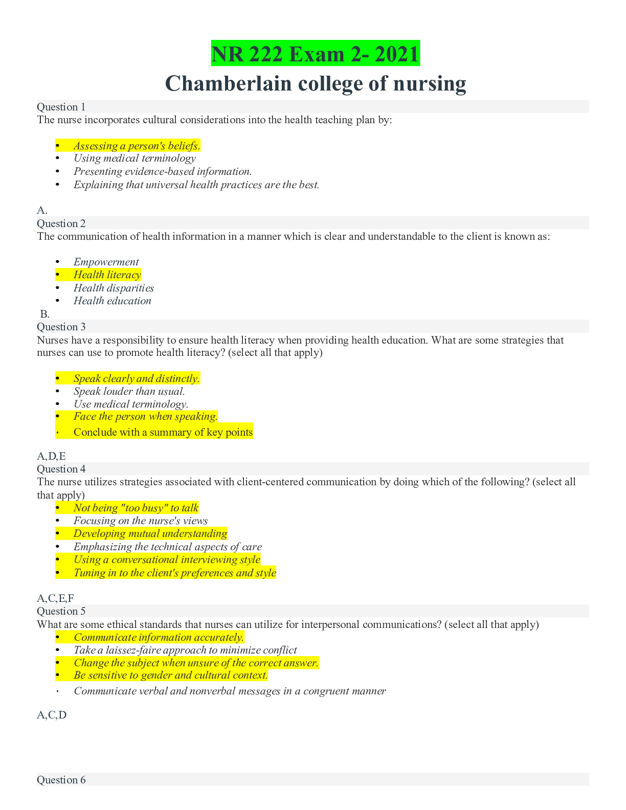 Preview image of NR 222 Exam 2- 2021 document